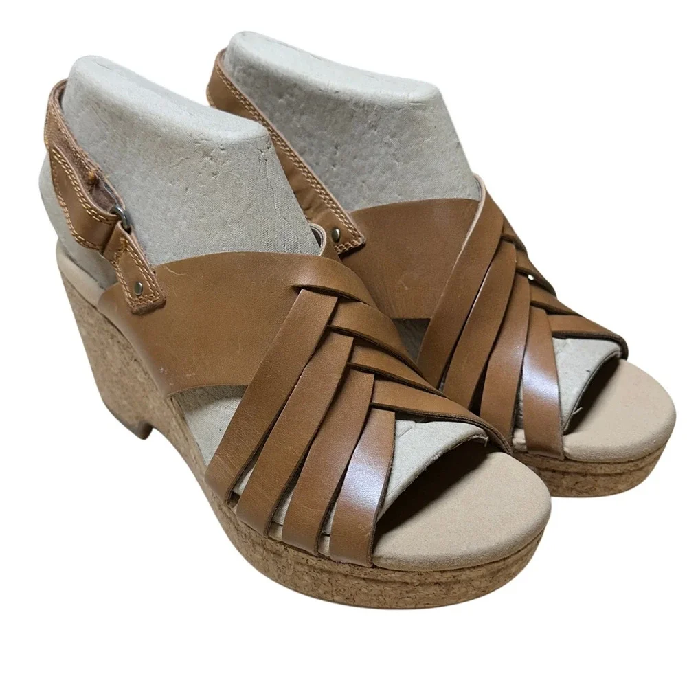 Clarks Collection Woven Leather Wedge Giselle Glow Light Tan Women's 6M NIB - Picture 2 of 11